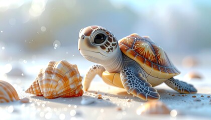 Adorable Baby Sea Turtle on Sandy Beach with Shells