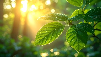 Sunlight streams through fresh green leaves, creating a beautiful bokeh effect with water droplets glistening on the foliage
