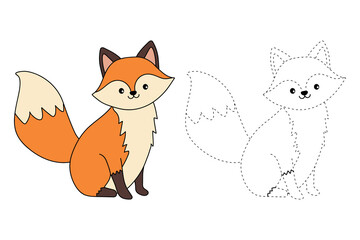 A cute fox coloring pages for kids. Trace and color fox. A cute fox fall animals vector. Fun activity coloring fox animal for Kindergarten and preschool printable for kids. Autumn forest animals.
