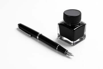 Hyper-realistic mockup of a fountain pen and ink bottle on a white background in a minimalist design for branding with copy space.