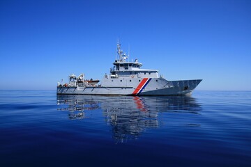 Vessel Kermorvan in open waters, a beautiful French Customs patrol boat built by the Socarenam shipyards in Boulogne-sur-Mer, the Kermorvan entered service in 2008.