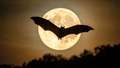 Bat Silhouette Flying Before Full Moon at Night