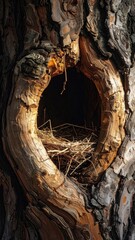 Bird Nest in Tree Trunk Hole