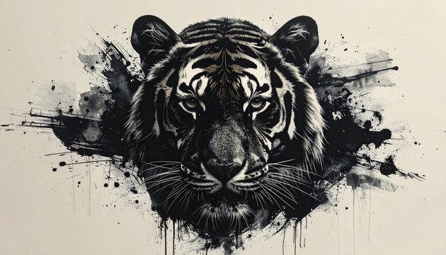 Black And White Tiger Portrait With Ink Splatter Background