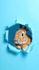 Brown Rabbit Peeking Through Torn Blue Paper