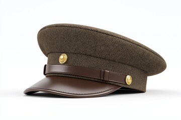 Brown military officer cap with gold buttons and leather visor isolated on white background