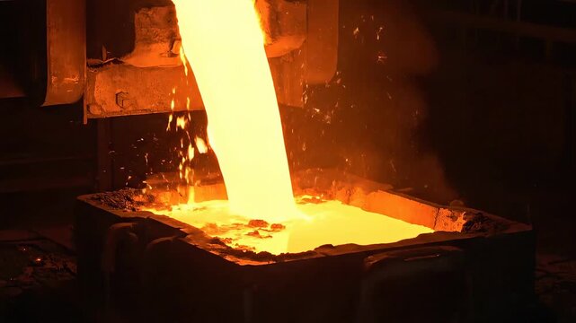 Molten metal pouring into a mold at a foundry.