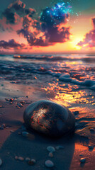 Celestial Embrace: A single, smooth stone lies serenely on a tranquil shore, reflecting the breathtaking hues of a sunset sky ablaze with color and the distant glimmer of stars. 
