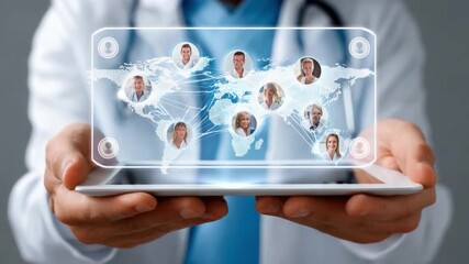 Global Healthcare: A close-up of a doctor's hands holding a futuristic tablet, displaying a holographic world map interlinked with portraits. - Powered by Adobe
