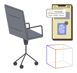 Office chair with wheels, smartphone displaying fingerprint authentication and code verification, geometric 3D cube concept. Ideal for technology, cybersecurity, office work, data access, innovation