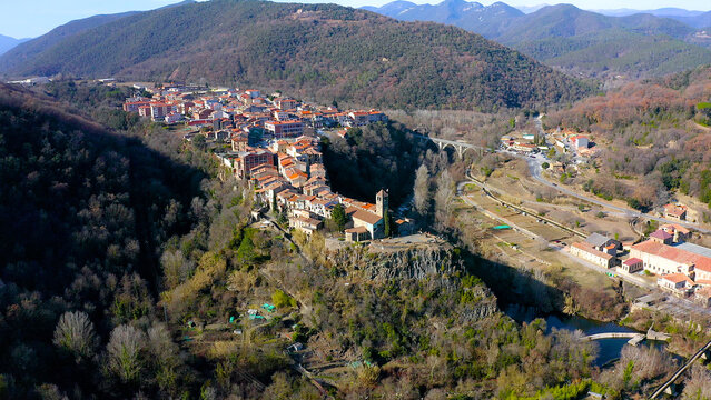 Aerial view of the ancient town Castelfollit de la Roca, Catalonia, Spain.