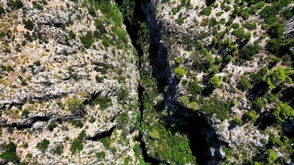 Aerial view of the narrow gorges and ravines created by the Amadorio River, Spain.