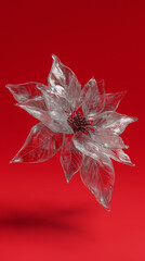 Icy poinsettia christmas ornament floating on red background. 