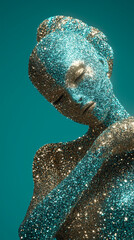 Portrait of a woman covered in teal glitter. Creative festive season concept 
