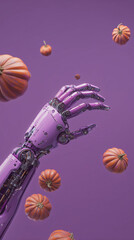 Automatic robot arm catching pumpkins. Creative thanksgiving in digital age concept