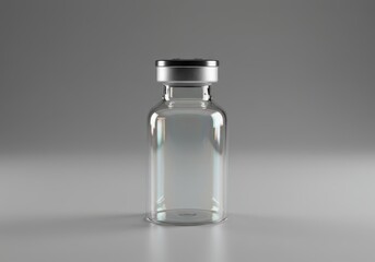 A clear glass vial with a silver cap stands on a neutral gray surface.