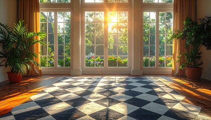 Sunlight streams through tall windows illuminating a room with checkered floor, potted plants, and a garden view