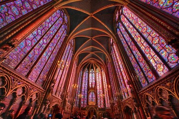 Obraz premium Wonderful stained glass windows inside the Sacred Chapel next to Notre Dame Cathedral on the Ile de la Cite, Paris, France.