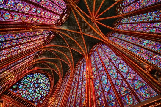 Wonderful stained glass windows inside the Sacred Chapel next to Notre Dame Cathedral on the Ile de la Cite, Paris, France.