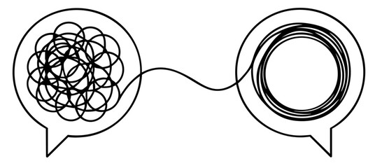 communication process with two speech bubbles connected by a line, one chaotic tangle of thoughts and the other ordered circles, dialogue, psychotherapy