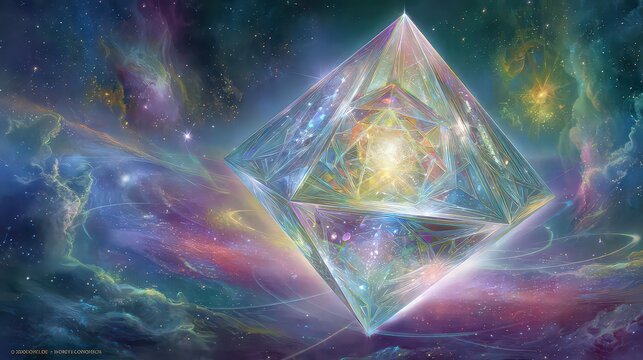 Glowing Crystal Cube In Cosmic Nebula - Powered by Adobe