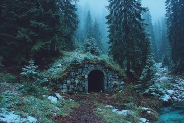 Stone archway in a misty winter forest