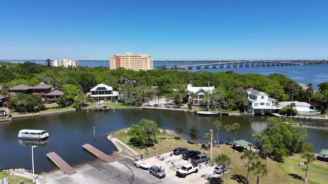 Ballard Park and the entrance to the Eau Gallie Yacht Harbor basin along the Indian River in Brevard County in Melbourne, Florida. 