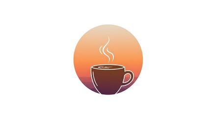 A stylized illustration of a steaming cup of coffee against a gradient circle, evoking warmth and relaxation.