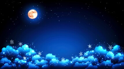 Fototapeta premium Winter Night Sky with Full Moon, Twinkling Stars, and Snowflakes Over Soft Clouds
