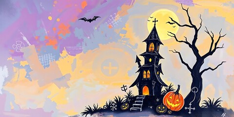A stylized haunted house with glowing pumpkins and a spooky tree under a full moon, painted in a modern, abstract style.
