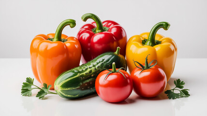 Colorful Bell Peppers Cucumber and Tomatoes with Parsley Sprigs on White Surface Keywords: bell pepper, red bell pepper, orange bell pepper, yellow bell pepper, cucumber