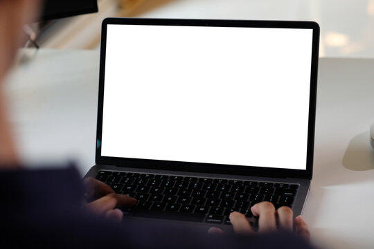 Laptop computer screen mockup, template background banner, Hand typing laptop computer with blank screen, Business online, e commerce, online study concept
