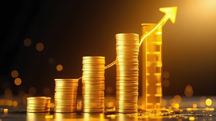A visually striking representation of financial growth, featuring stacked gold coins and an upward graph against a blurred golden background.
