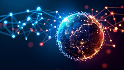 A glowing globe connected by colorful lines, symbolizing digital connectivity and global networking in a modern, abstract style.
