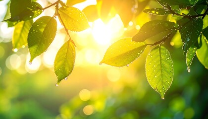 Sunlight streams through vibrant green leaves with water droplets, creating a bright, natural scene of life and renewal