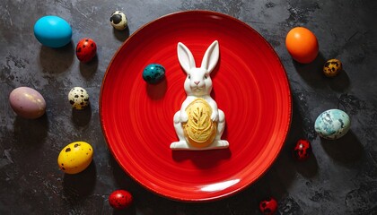 Easter eggs and bunny on a red plate festive display