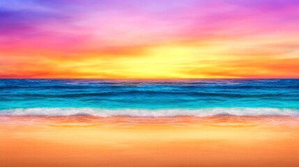 Fototapeta premium Vibrant Sunset Over Tranquil Ocean Waves with Colorful Sky and Sandy Beach View