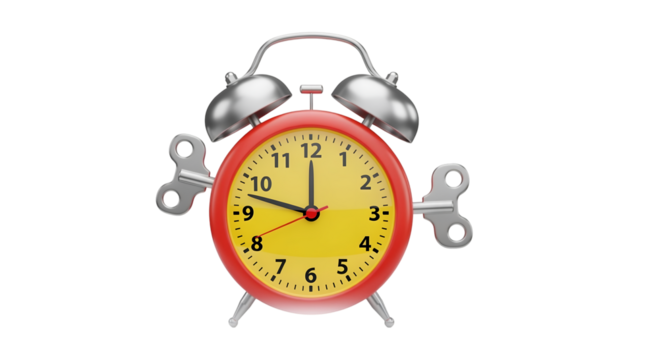 Red and Yellow Classic Alarm Clock with Silver Bells on Transparent Background