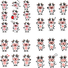 Cartoon cows collection. Vector illustration of kawaii cows in different poses and with different expressions.