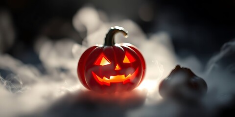 A tiny, glowing jack-o-lantern with a spooky smile sits in a cloud of fog or smoke against a dark background.
