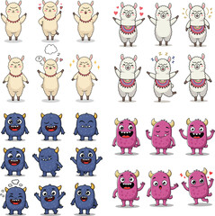 Cartoon seamless pattern of alpacas and monsters with various expressions