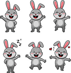 Cartoon rabbits in different poses and emotions vector set