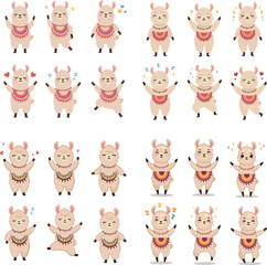 Set of cute cartoon llamas in different poses and emotions.