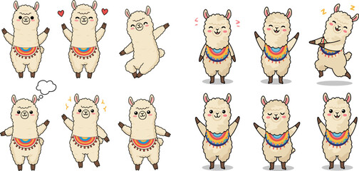 Cartoon set of cute happy llamas with colorful saddlebags in various poses