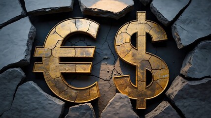 Euro and dollar currency symbols on cracked ground background