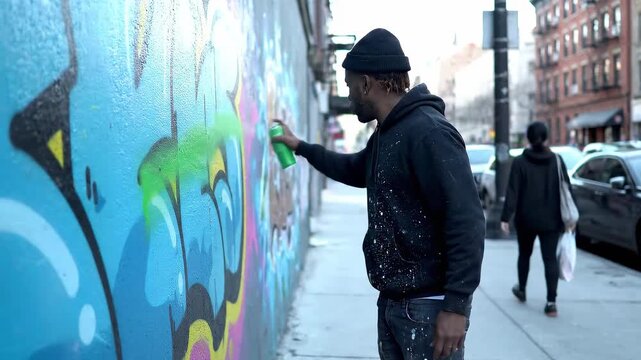 Young man spray painting graffiti on a city wall.