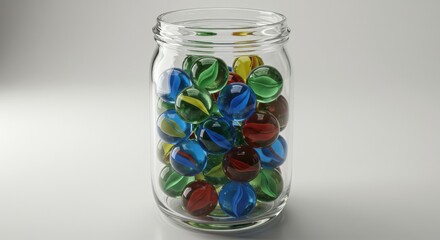 A clear glass jar filled with colorful, patterned marbles creates a vibrant and playful scene against a neutral backdrop.