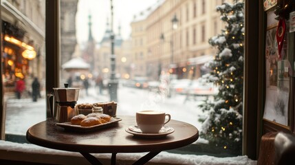 Fototapeta premium Cozy Winter Coffee Shop Scene: A Warm Mug of Coffee, Delicious Pastries, and a Snowy Cityscape