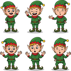 Cartoon elves in green costumes collection with different expressions isolated on white background