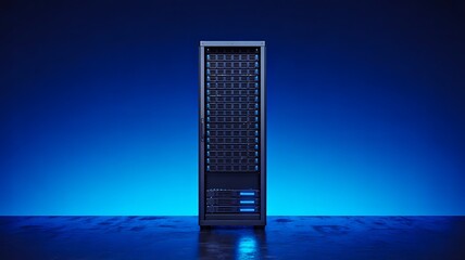 Modern data server rack with glowing blue lights in a data center